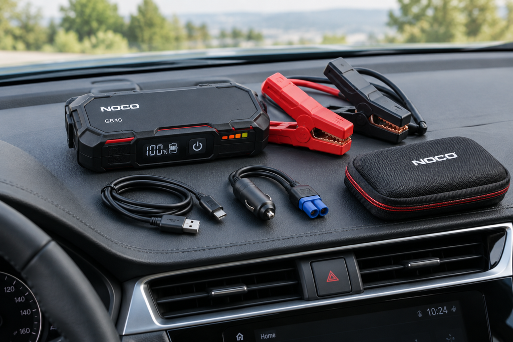 Portable car jump starter with battery clamps and charging cables on a car dashboard