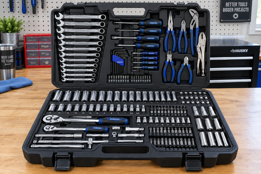 DEKO 178-piece mechanic tool kit open in custom carry case on garage workbench