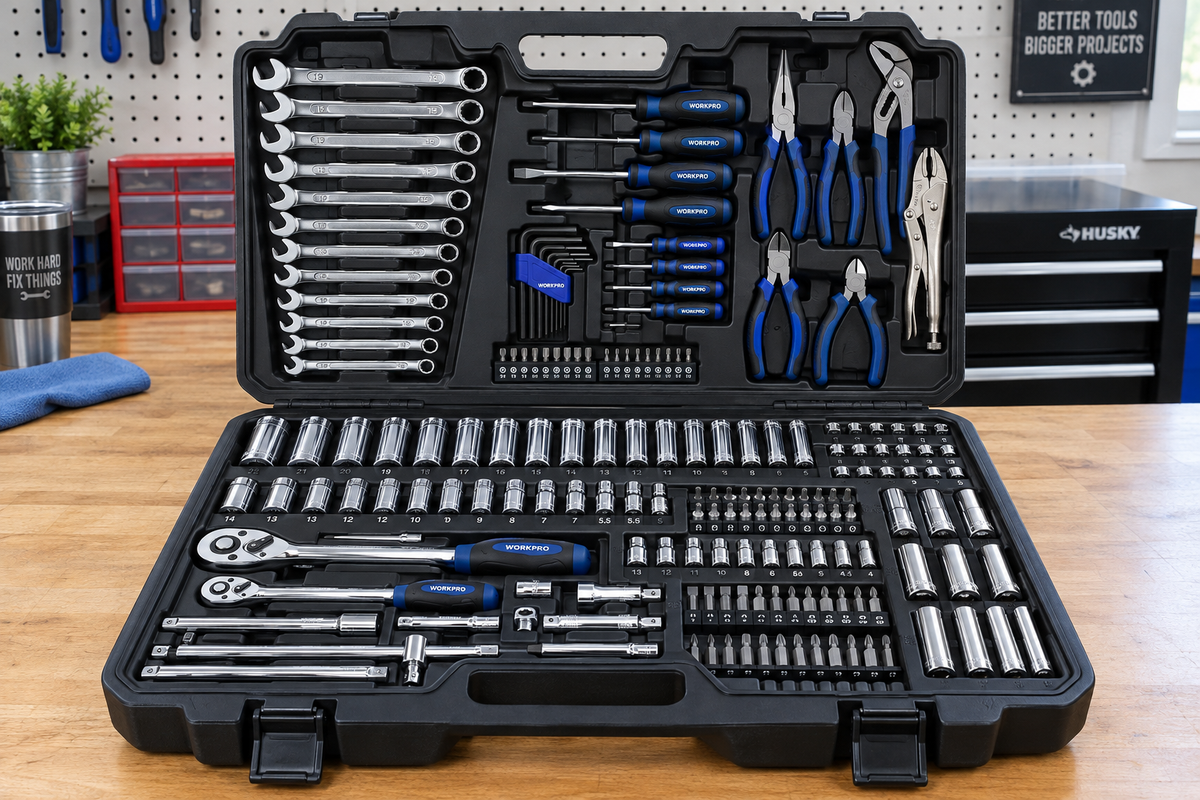 DEKO 178-piece mechanic tool kit open in custom carry case on garage workbench